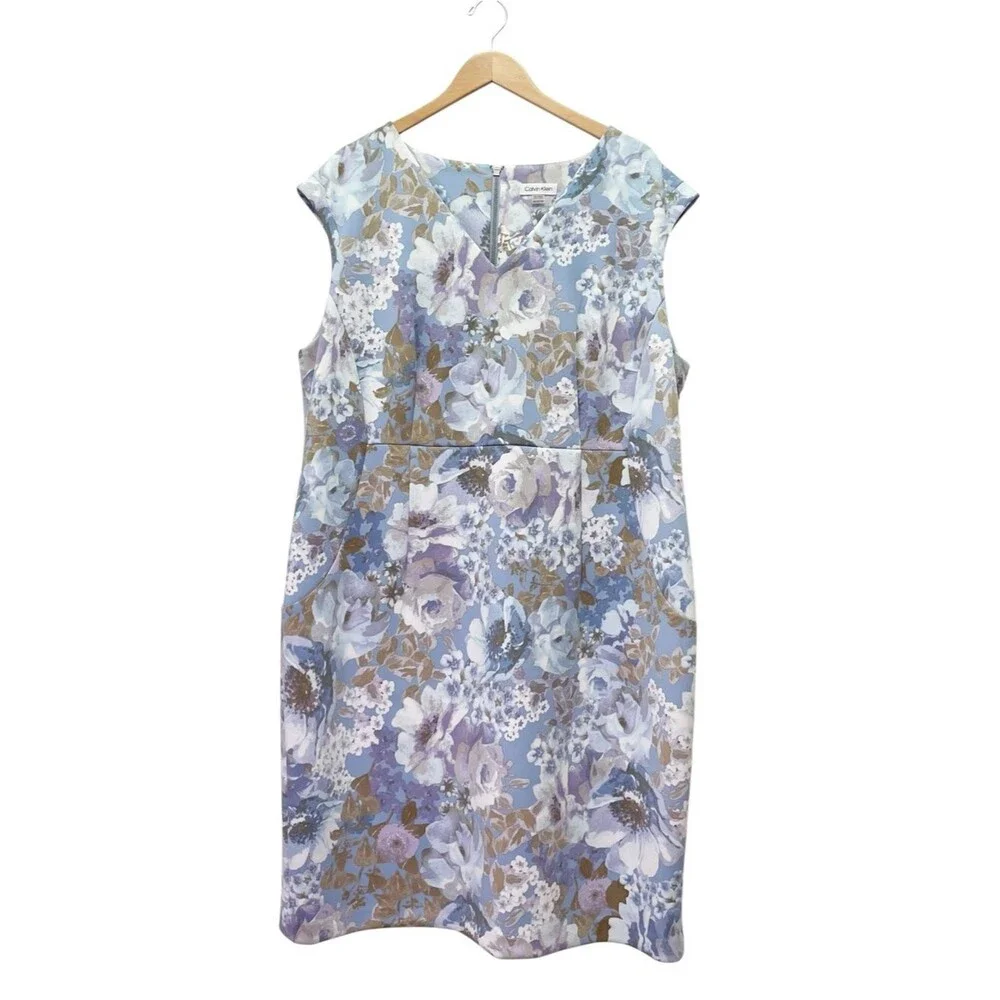 NWT Calvin Klein 22W Blue Floral Sheath Dress Plus Size Cap Sleeve Career